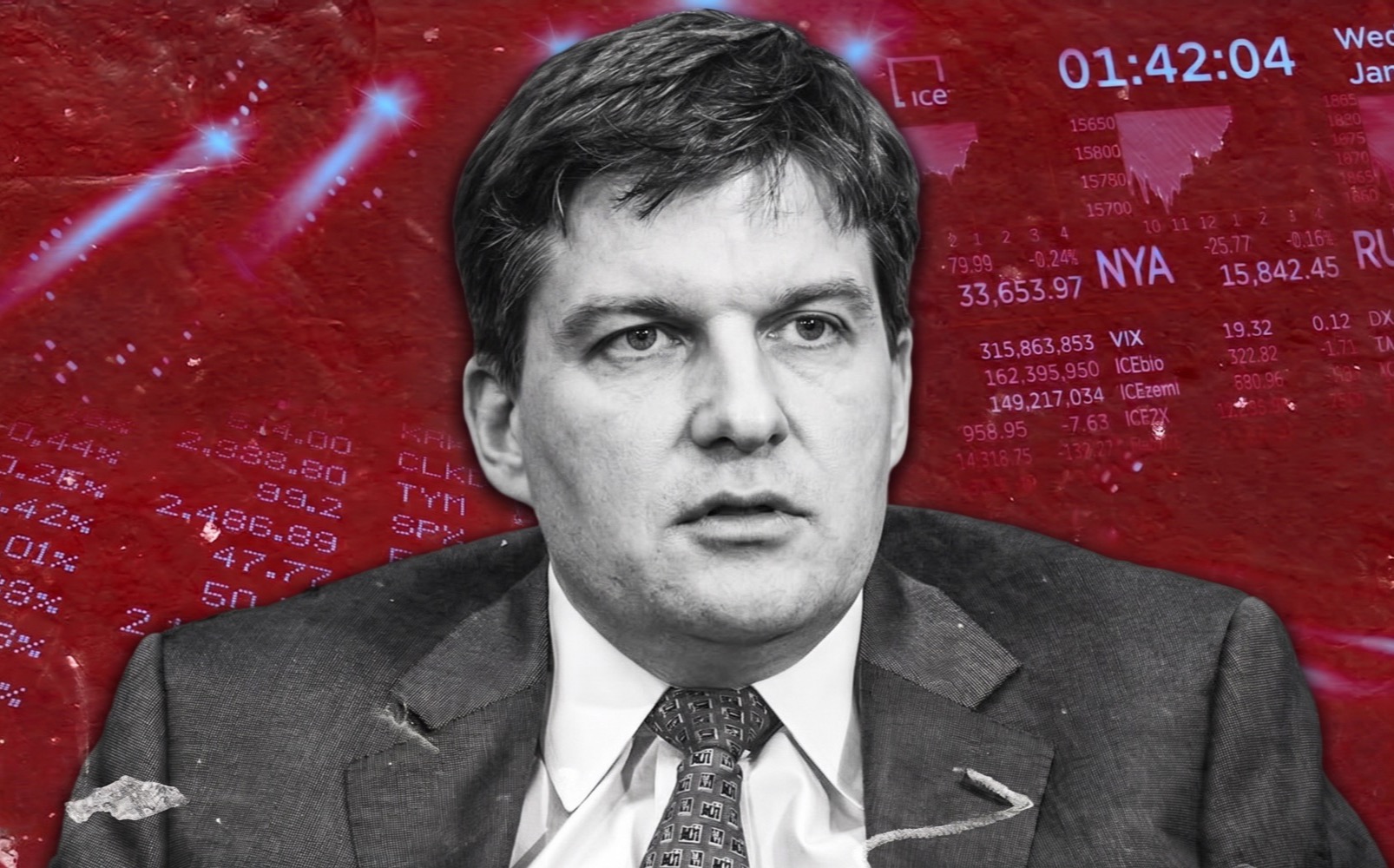 Michael Burry in front of a red stock ticker board