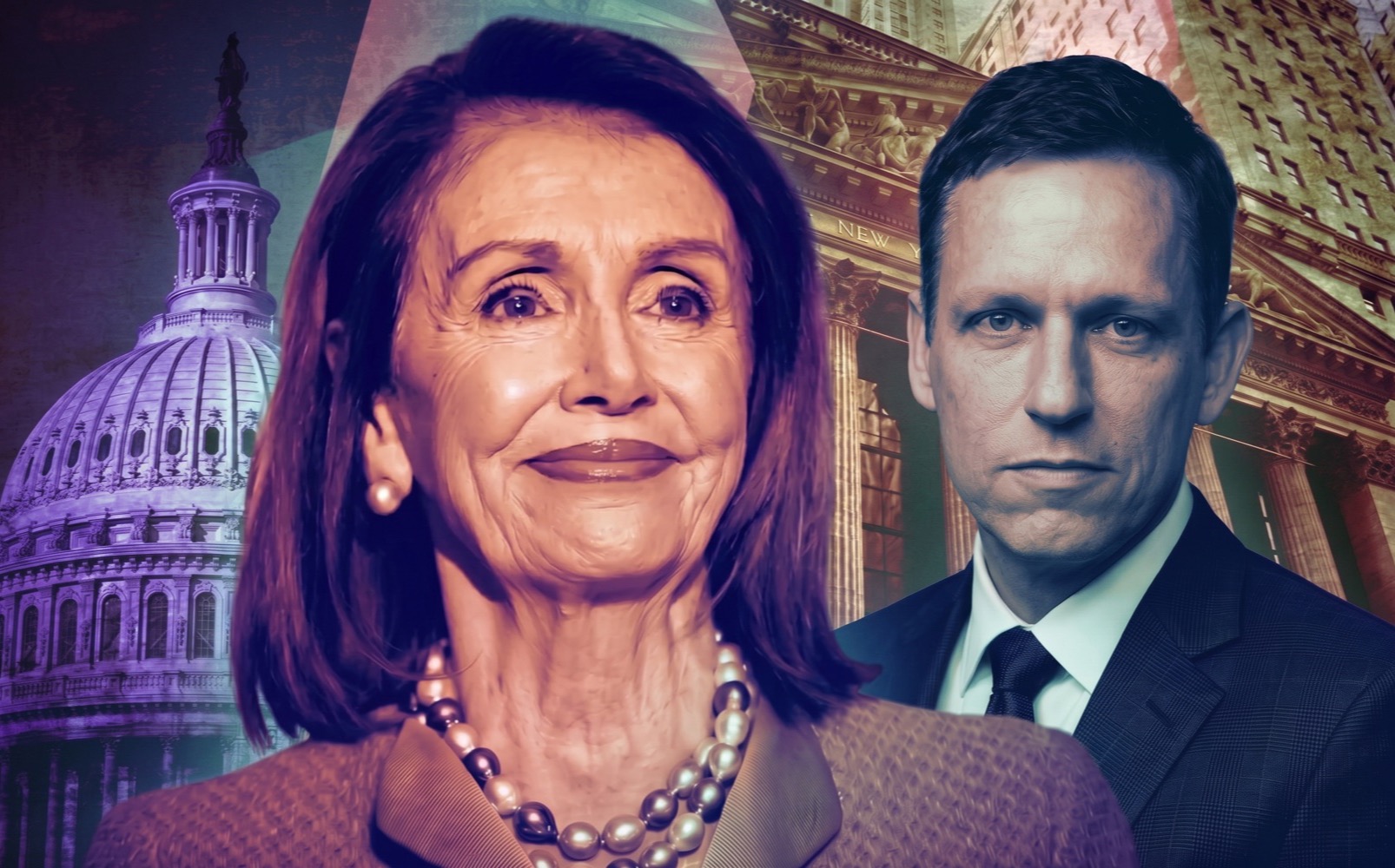 Nancy Pelosi and Peter Thiel, with the U.S. Capitol and the New York Stock Exchange behind them